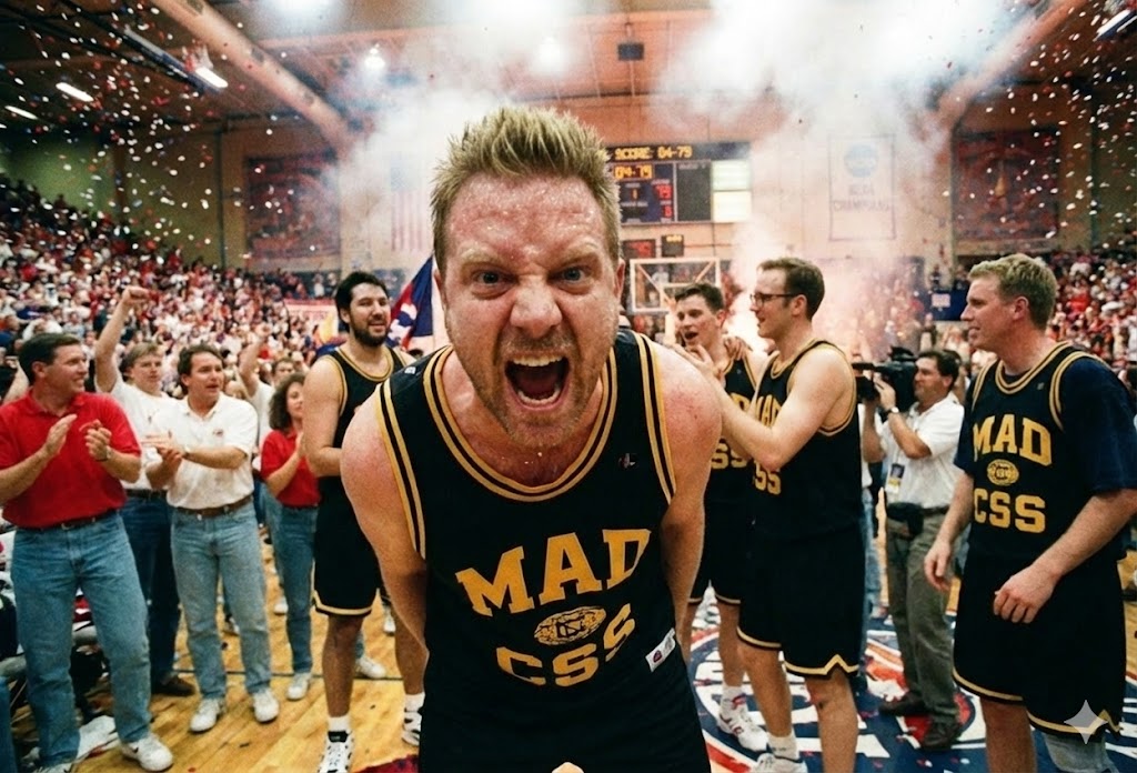 An AI-generated picture of Wes Bos celebrating victory in an basketball scene.